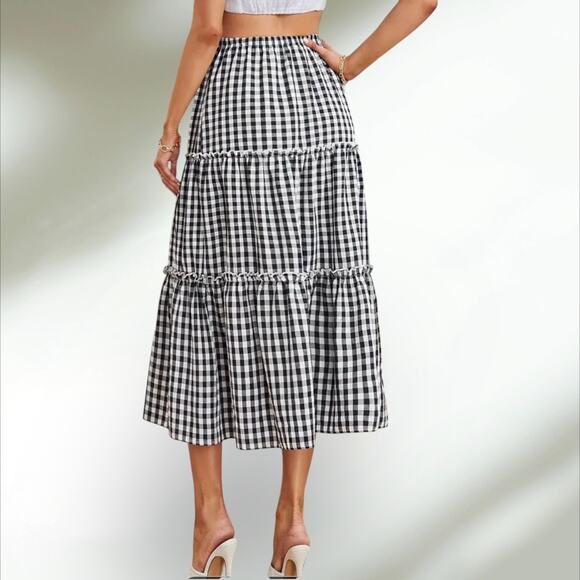 Gingham Tiered Midi Skirt Elastic Waist, Ruffle Hem  Black White Check Med NWT - Picture 4 of 5